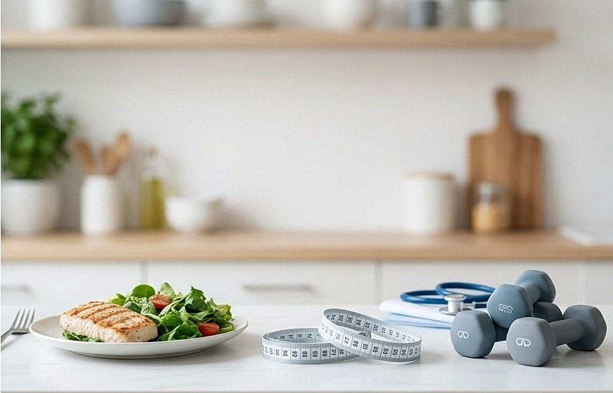 Healthy meal prep with weights and measuring tape.